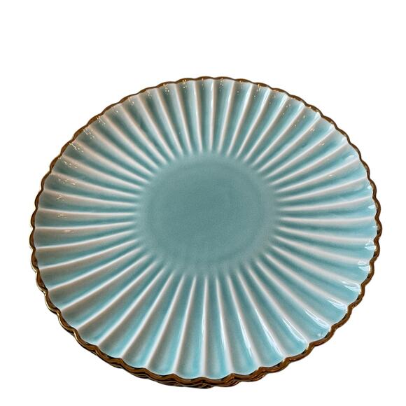 Aqua Ceramic Dinner Plates 11" Turquoise Scalloped Edge Gold Accent Set of 4 New - Picture 5 of 16